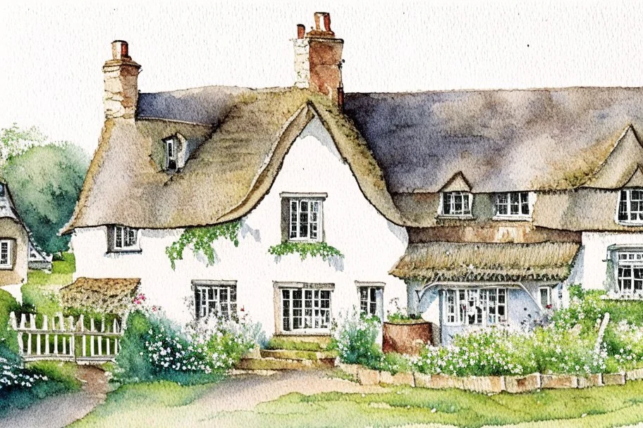 Detailed loose watercolour of an English cottage