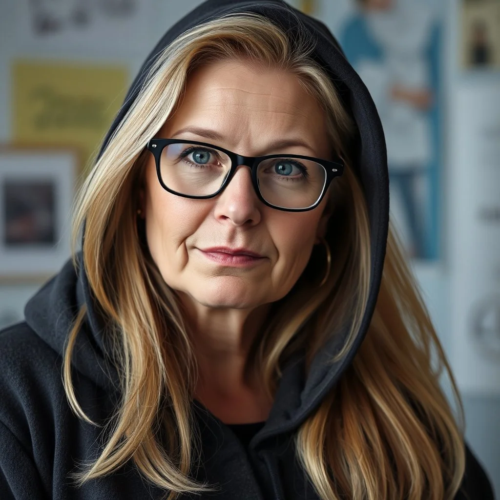 cool blonde hair blonde eyes woman 55 years old rodfessor big fat, smart long hair dark ,,, film maker director,,, wearing glasses yound in a hoody talking about philiophy ton his friends, style life realism