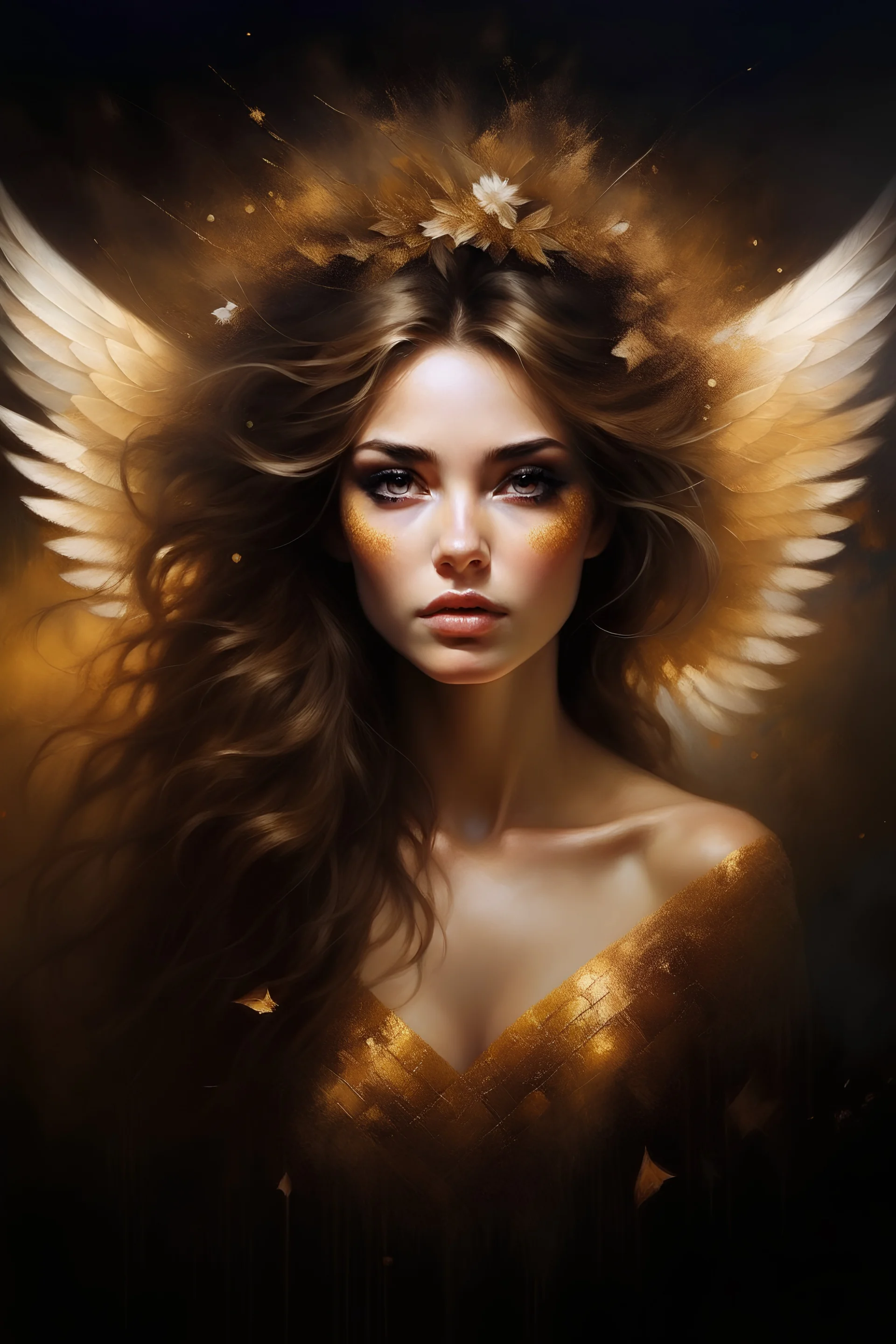 ethereal faerie, delicate large golden wings, mesmerizing dark brown eyes, flowing golden hair, impasto technique