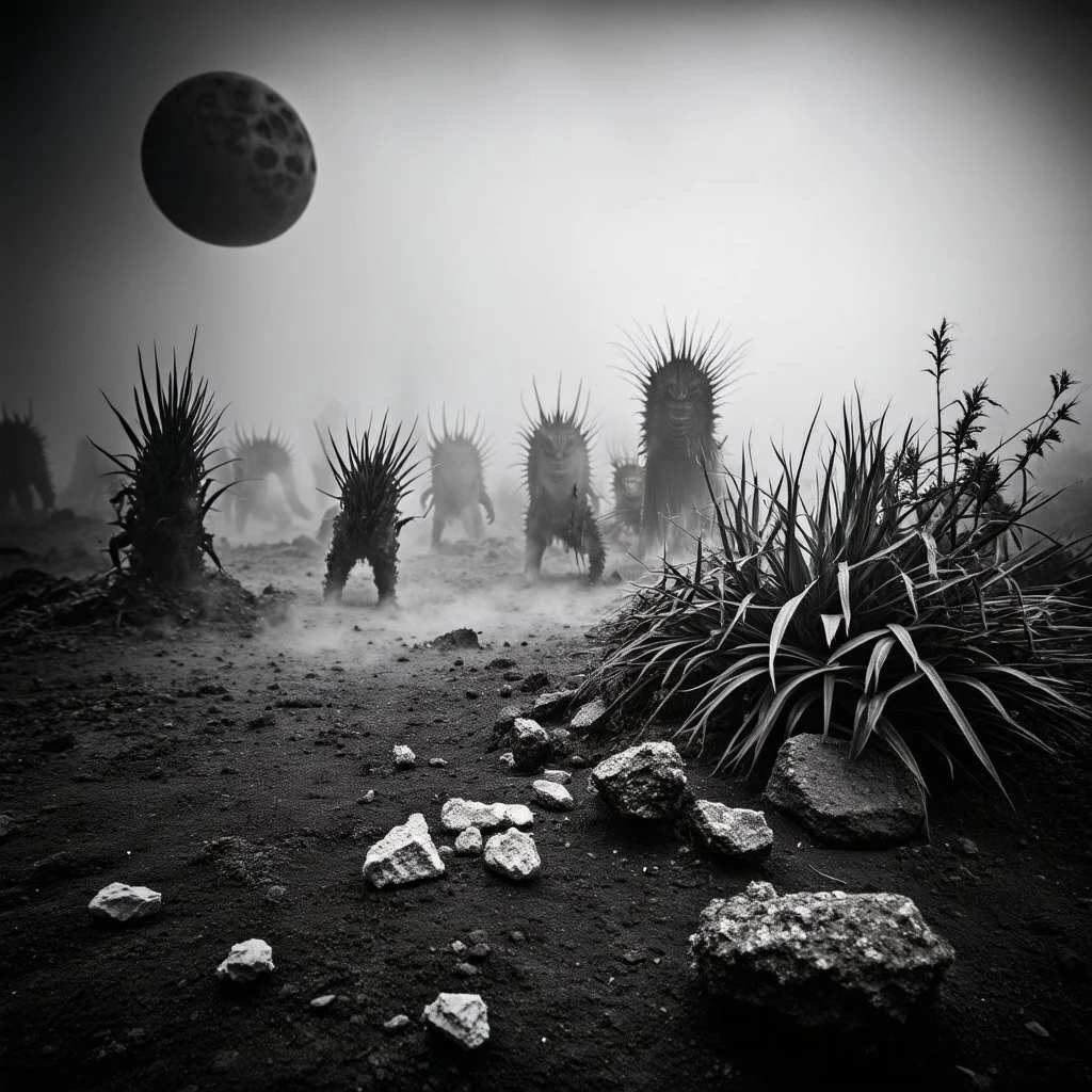 A striking quality Kodak photograph captures a wasteland with monsters and group of plants, creepy, details of the dust very accentuated, glossy organic mass, adorned with minerals and rocks. Bathed in intense light, eerie, Max Ernst style, black sun, fog