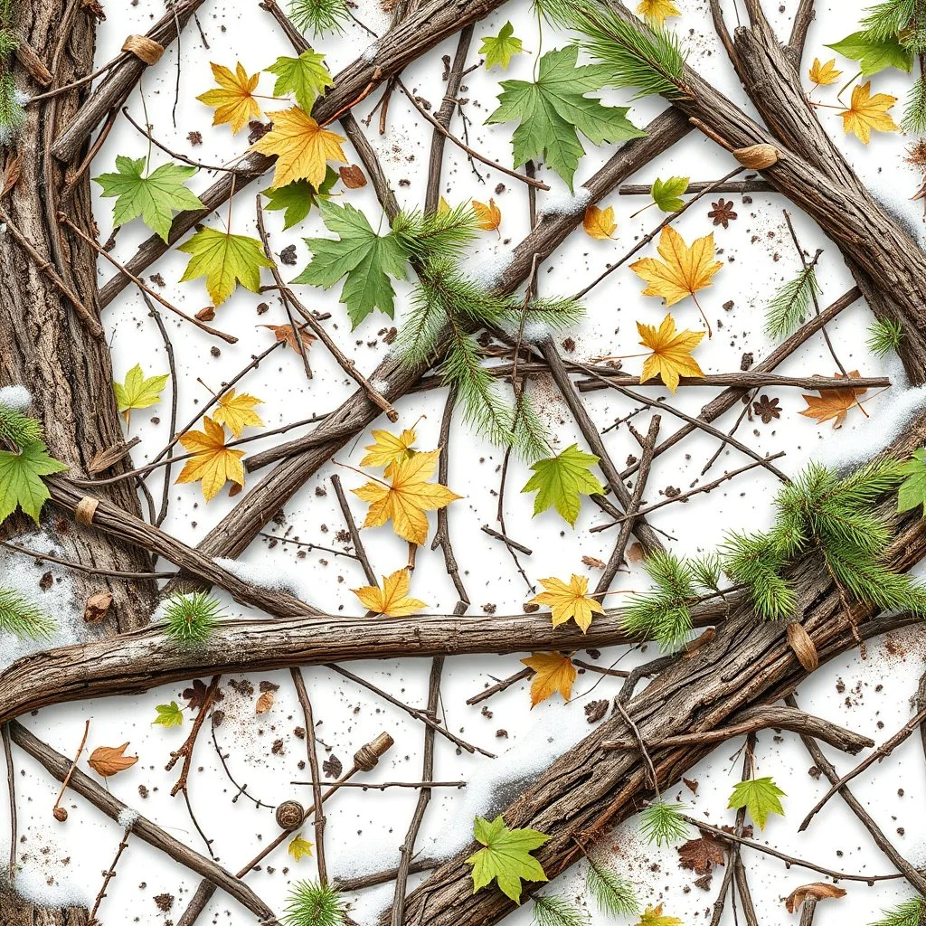 detailed Real Tree Camouflage made of sticks, twigs, tree bark, dried maple leaves, green pine branches, snow and dirt, white background, seamless repeatable texture pattern imitating a natural forest background,