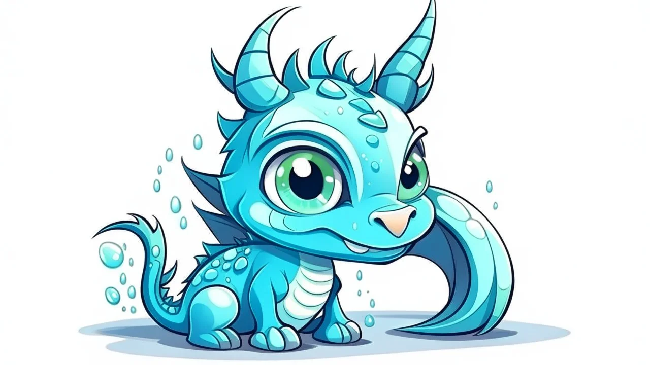 cartoon illustration: a cute little ice dragon with big shiny eyes. The dragon has big wings.