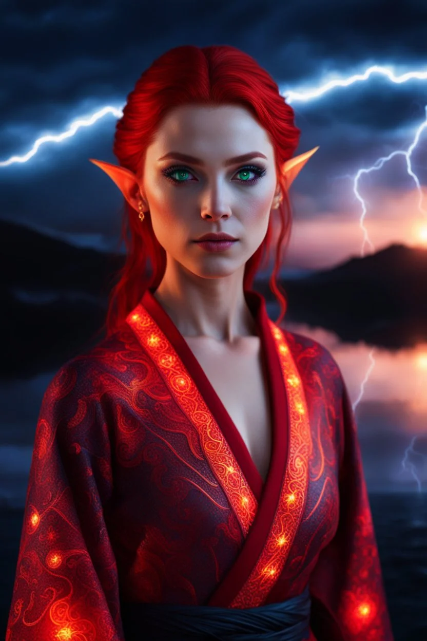 detailed eyes, female half elf, red sleek lob hairstyle, detailed glowing ornamental magical pattern robe, glowing gem crackling with lightning implanted on robe, 8k, high detail, lake background, midnight, facing viewer, front facing