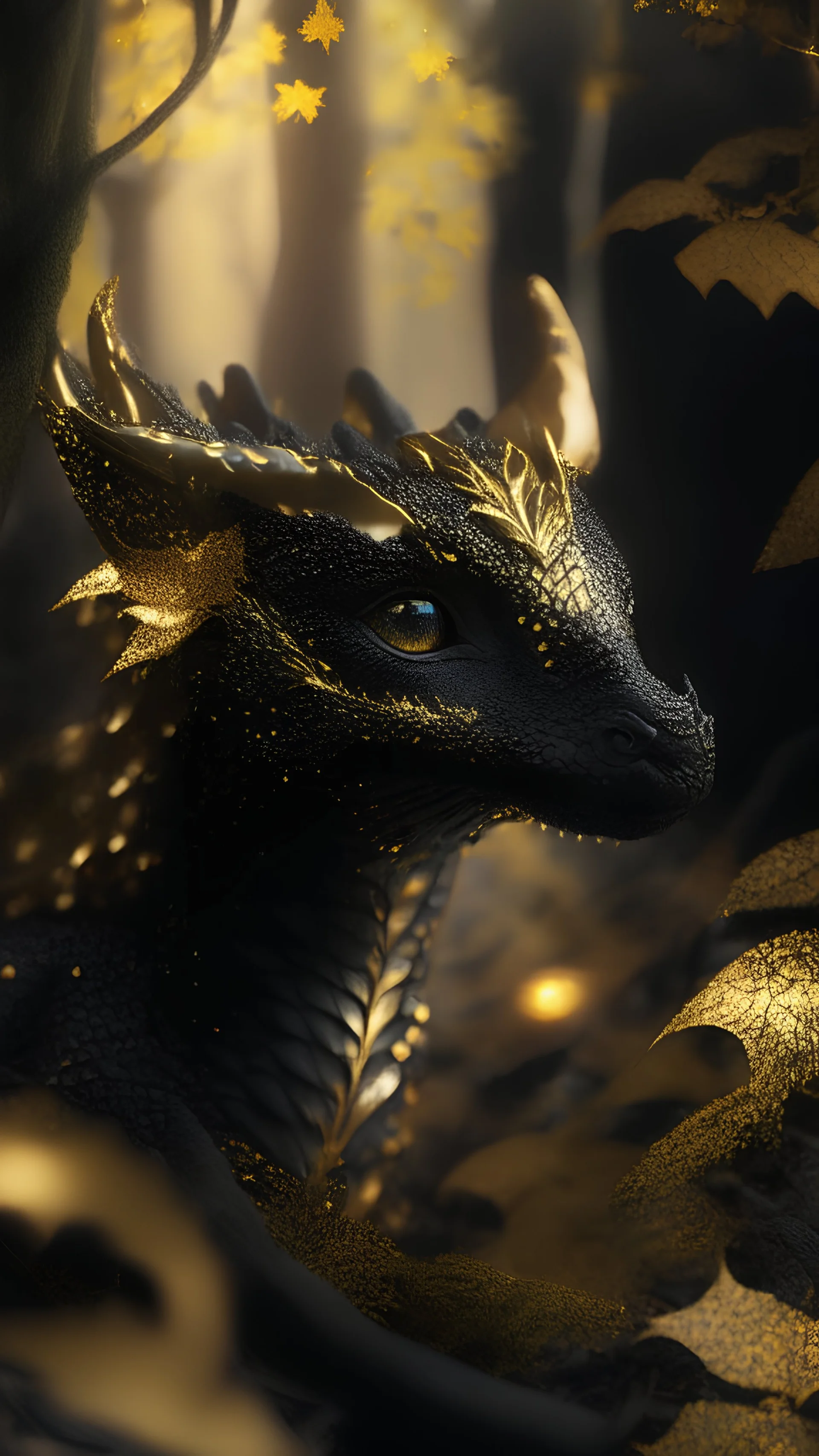 Photoreal close-up of enchanted black baby dragon in a golden forest shrouded in sparkling luminescent mist.