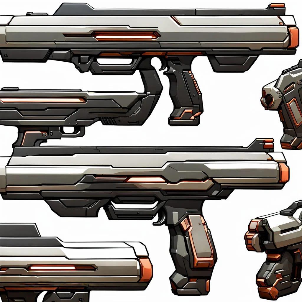 weapon for a videogame, sci-fi, ammo, futuristic, single, side-view, pistol