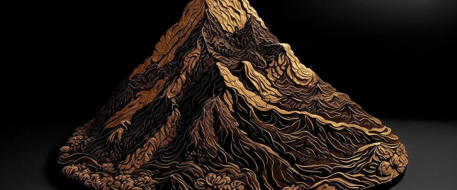A brownish bronze mountain covered in tar designed in Mehndi design painted by Vincent van Gogh