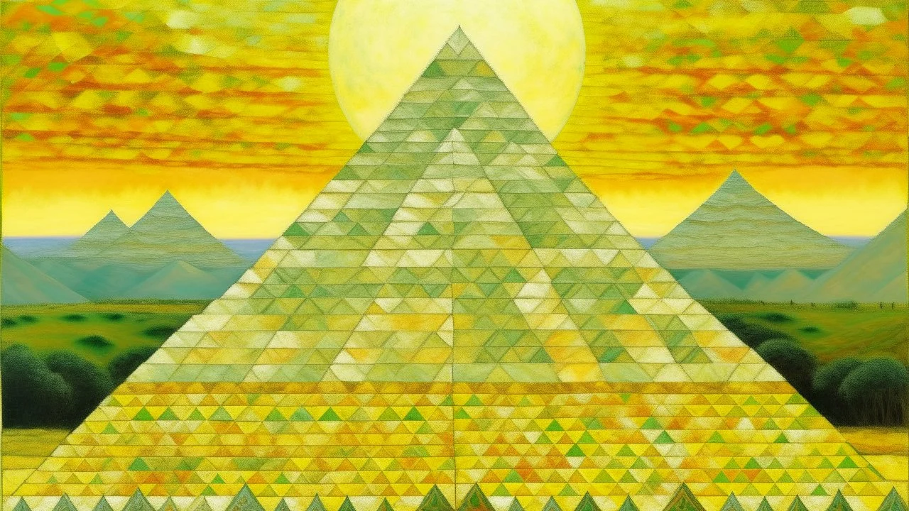 Pale greenish yellow pyramids with suns designed in Navajo woven art painted by Claude Monet