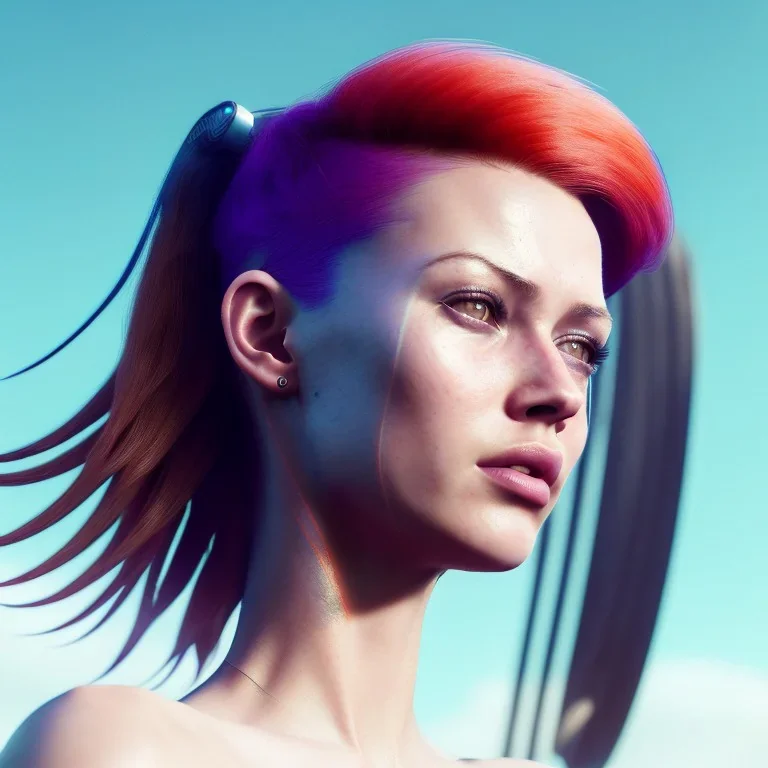 A beautiful portrait of a cyberpunk woman with lot's of grain on her skin red head with hair flying in the wind cyborg smiling facing camera orange color scheme, high key lighting, volumetric light high details with white stripes and feathers unreal 5, octane render, cinema4d, dynamic lighting, dramatic lighting, 4k, redshift render, highly detailed, hyper realistic