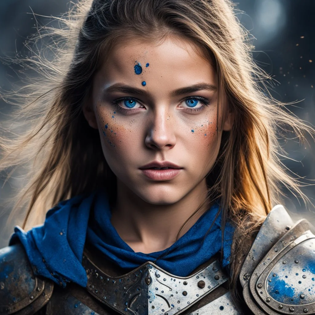 In a riveting display of resilience, a young warrior’s intense blue eyes, awash with the echoes of battle, pierce through the cacophony of war's remnants. Her face, speckled with the freckles of youth and the splatters of conflict, stands as a canvas of courage behind the steel of her raised sword.