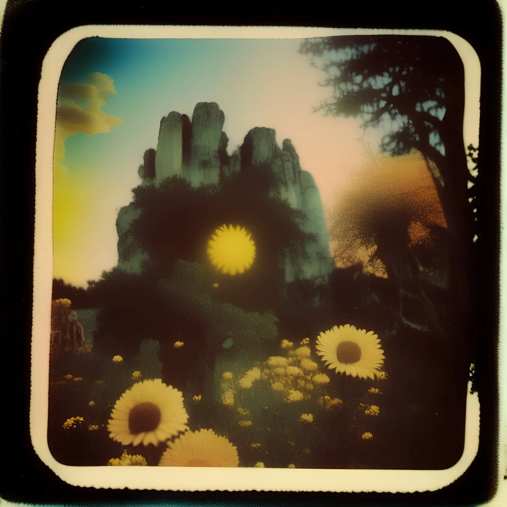 Polaroid photo of a peaceful marvelous landscape, trees, flowers, giant sun, sharp focus, bas-relief, decal, very spooky figure, intricate, rock formations, atmosphere of a Max Ernst painting, Henri Rousseau, thoughtful, interesting, a bit appalling, smooth