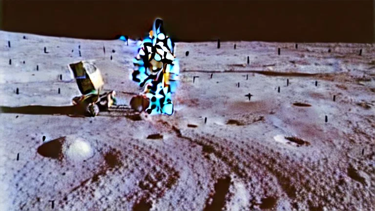 A Tesla's 'Model S Plaid' is doing donuts on the Moon, at the landing site of the 'Apollo 11'. CINEMATIC. WIDE ANGLE LENS.