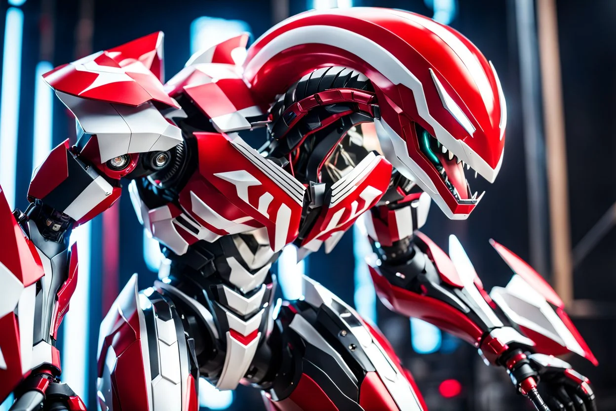 big venom robot with red and white color schemes, in the style of fairy academia, hard-edge style, agfa vista, dynamic pose, oshare kei, hurufiyya, rtx, close picture, intricate details, highly detailed, high details, detailed portrait, masterpiece,ultra detailed, ultra quality