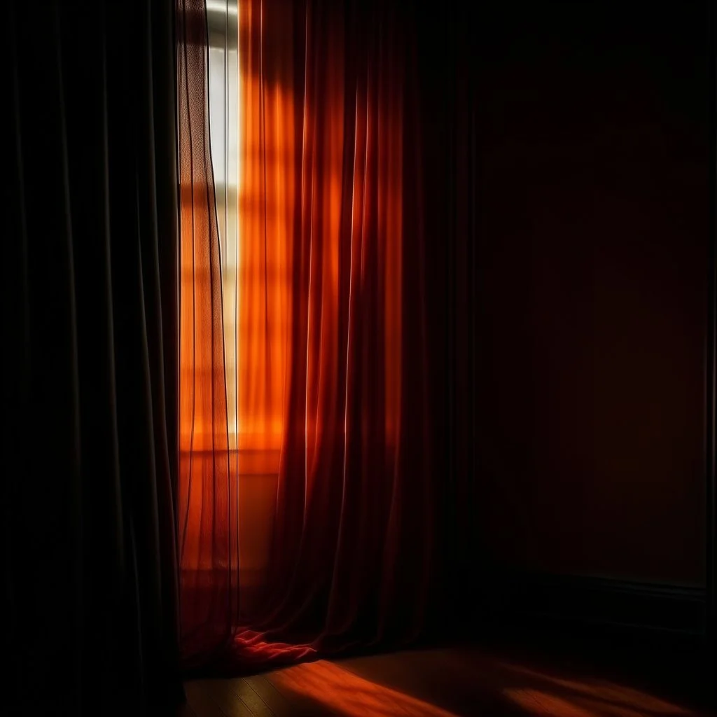 atmospheric deep orange light coming through the curtains of a dark room