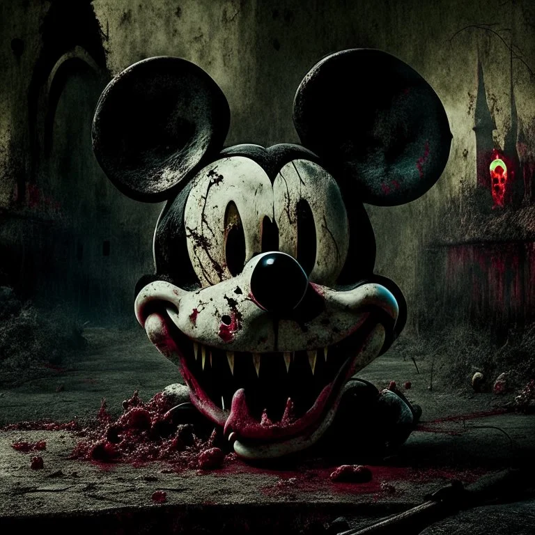 zombie mickey mouse, photorealism, movie screen capture, horror, evil, hungry, rotted