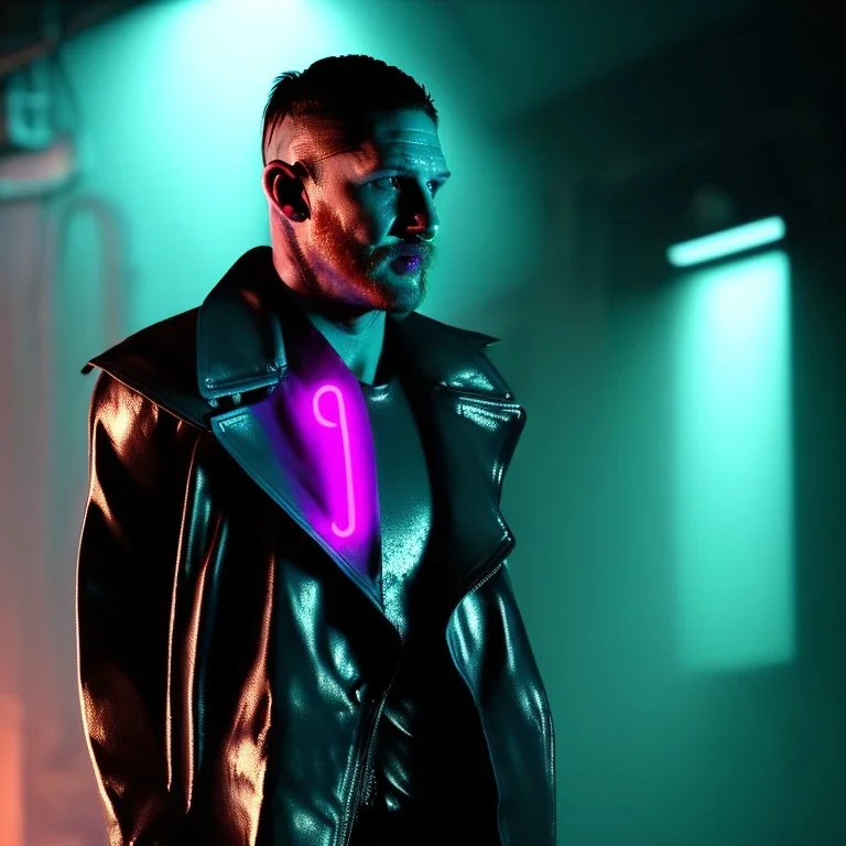 Actor, tom hardy, blade runner style, rain, fog, neon ambient, gradient color, clean skin, circuits, latex coat, cyber punk, neon, tubes, portrait, studio photo, unreal engine 5, smooth color, 16 bit, god lights, ray tracing, RTX, lumen lighting, ultra deatail, volumetric lighting, 3d, finely drawn, hd.