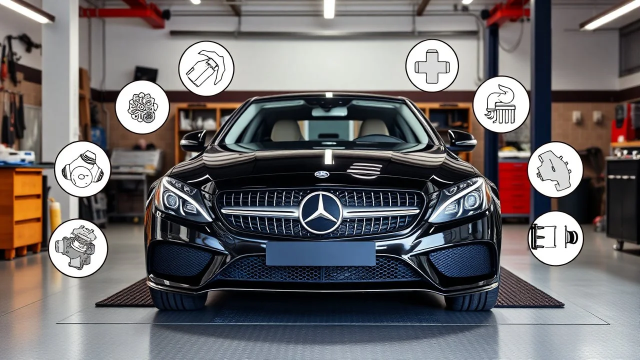 A luxury garage, a car repair shop, with a black Benz C-Class parked in the middle, and a number of car symbols such as the engine, crankshaft, shock absorbers, and turbocharger around it, and the car is being overhauled.