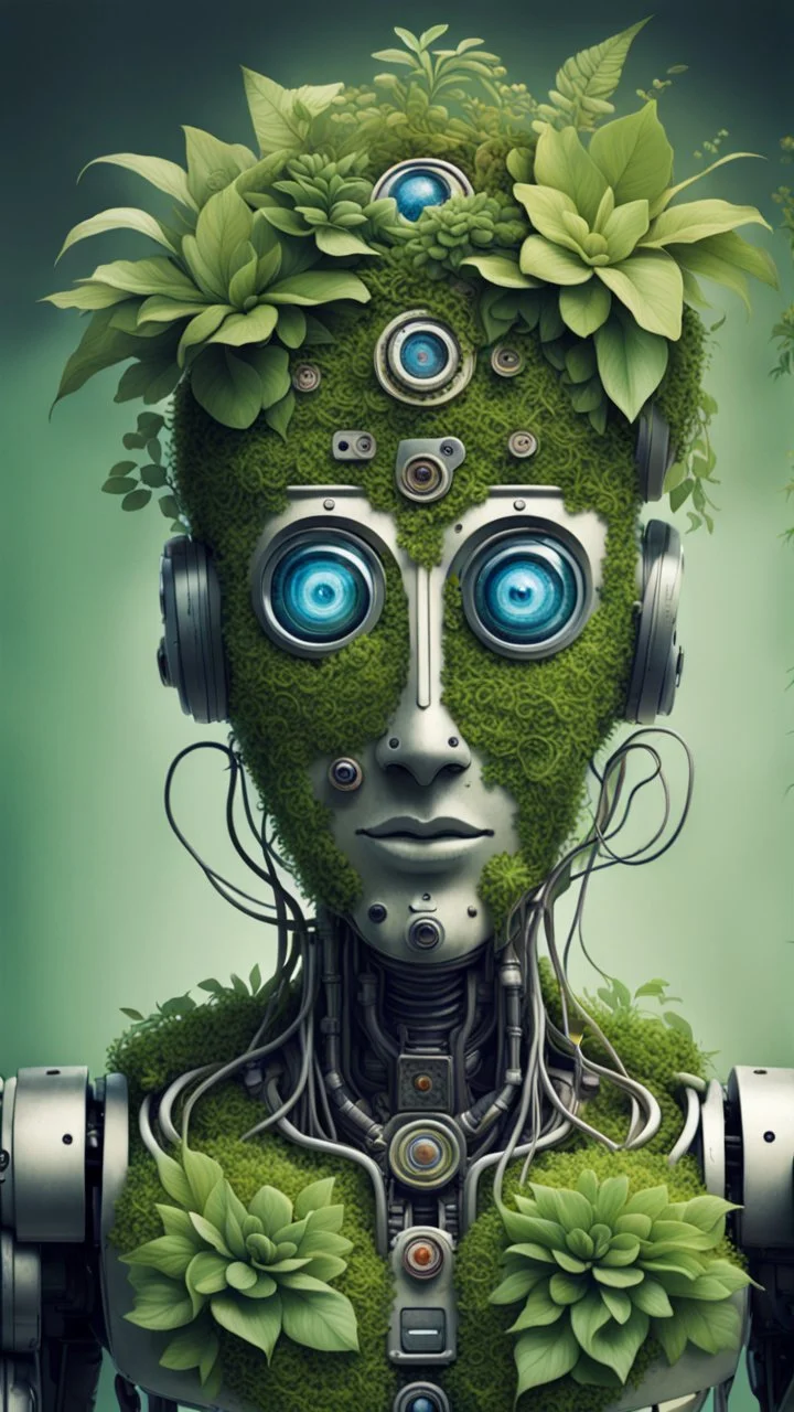 a portrait of a vegan hippie robot made of living plants, and having a sentient look in its eyes, like a buddha