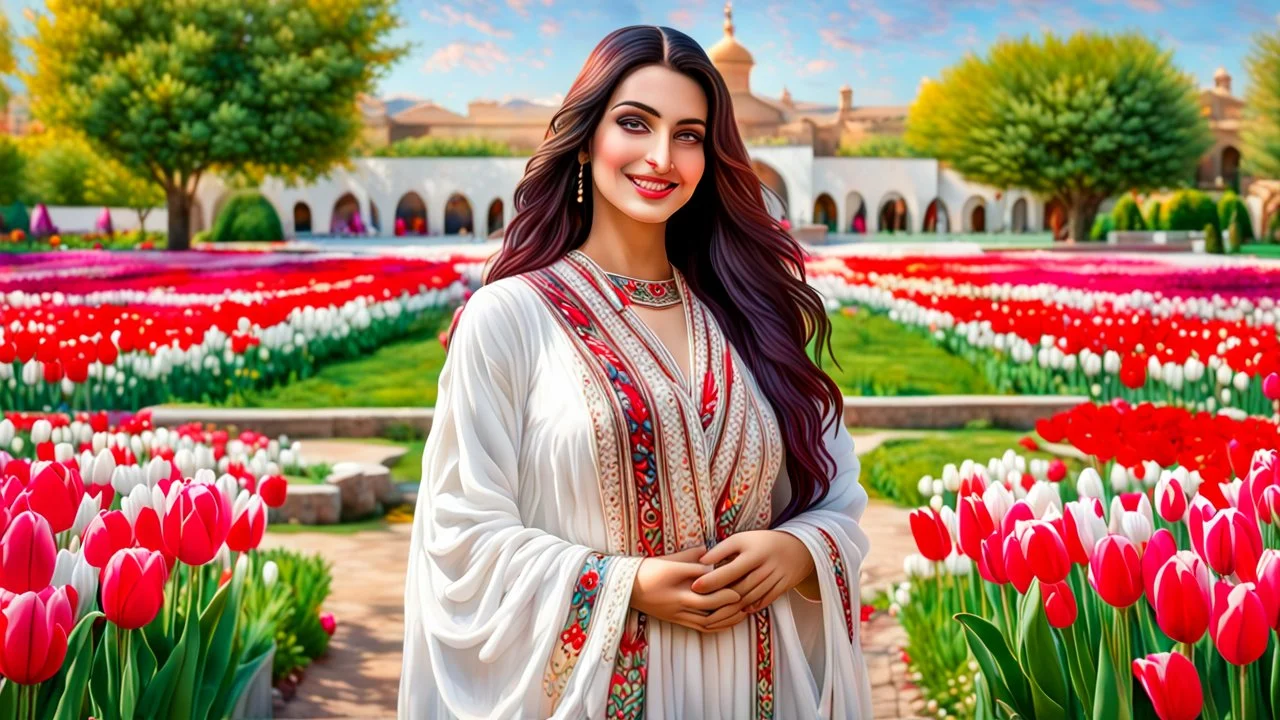 Hyper Realistic Photographic Long View Of A Beautiful Pashto Woman (With Beautiful Eyes Lips & Nose, & Long Black Hair; Wearing White Frock With Maroon Embroidery) Happily Standing & Smiling In A Beautiful Colorful Flower Garden With Red & White Tulips With Fancy Stone Water Fountain & A Peacock (With Colorful Wings) Walking On The Grass Around Her At Beautiful Cloudy Sunny Day Showing Dramatic & Cinematic Ambiance.