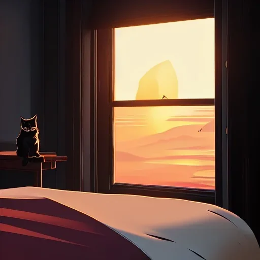 Gato negro,atardecer,viendo ventana, cama