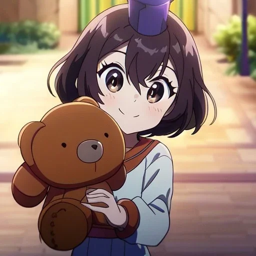 Clear focus, High resolution, a anime kid, cute, cartoony style, smiling, anime screencap, hair between eyes, holding a brown teddy bear, small forhead, female, medium length hair