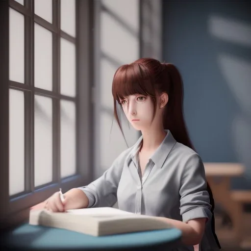 female student studying by the window, anime style, unreal engine 5, sun light, studio lighting --ar 1:1