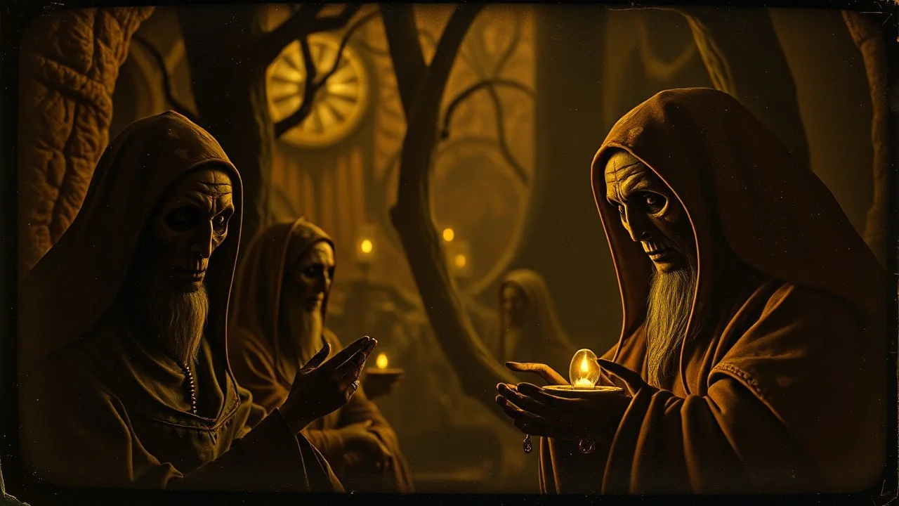 Daguerrotype close up some mysterious figures, odd background, cinematic, Hieronymus Bosch Max Ernst ambient light, by Minicavio Quollati and Marlost Endgulp, Amano, Botticelli, Alphonse Mucha