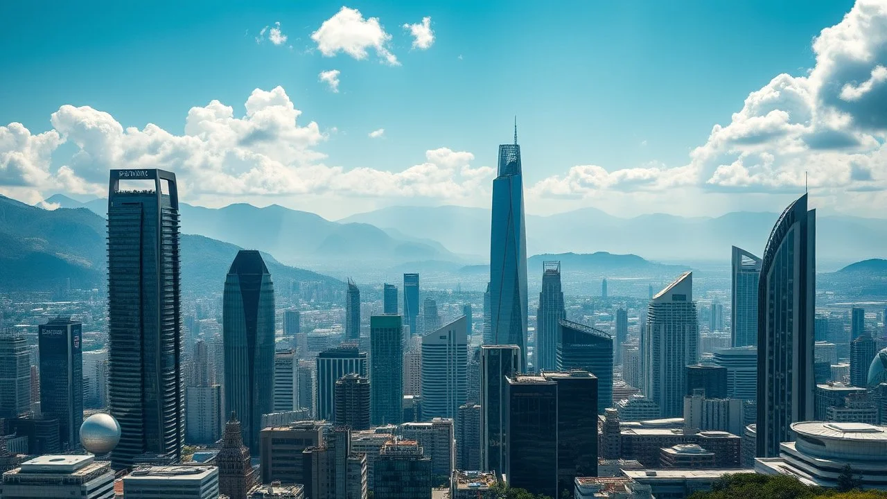 high-quality, extremely detailed photograph, futuristic cityscape in the year 2050, with advanced technology seamlessly integrated into the architecture and lifestyle of the inhabitants, award-winning photograph, beautiful composition, mountains, clouds, clear atmosphere, perfect focus, 80mm lens, adjust perspective, beautiful photograph