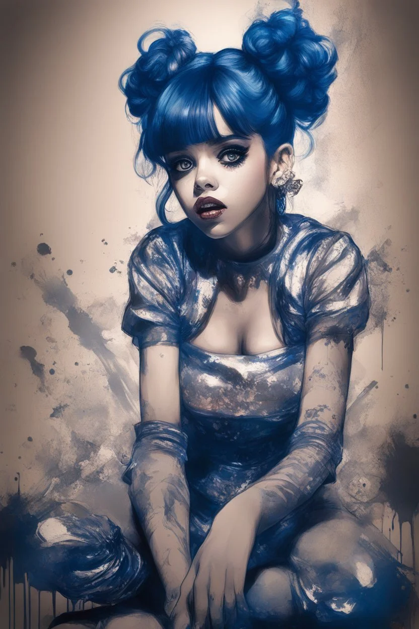Poster in two gradually, a one side the Singer Melanie Martinez face, full body, sit pose, painting by Yoji Shinkawa, darkblue and sepia tones,sinister, detailed iridescent, metallic, translucent, dramatic lighting, hyper futuristic, digital art, shot with Sony Alpha a9 Il and Sony FE 200-600mm f/5.6-6.3 G OSS lens, natural light, hyper realistic photograph, ultra detailed -ar 3:2 -q 2 -s 750,malevolent goth vampire girl face and other side