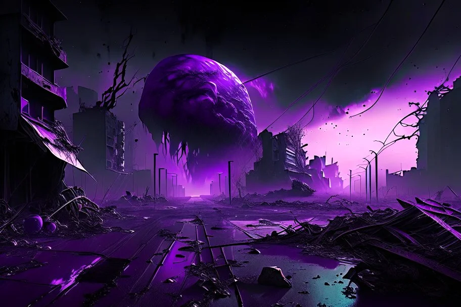 Destroyed City, Street View, Dense Purple Fog, Dead Soil, Broken Roads ,Black Night Sky, Stars, Space, Distant Alien Planets,