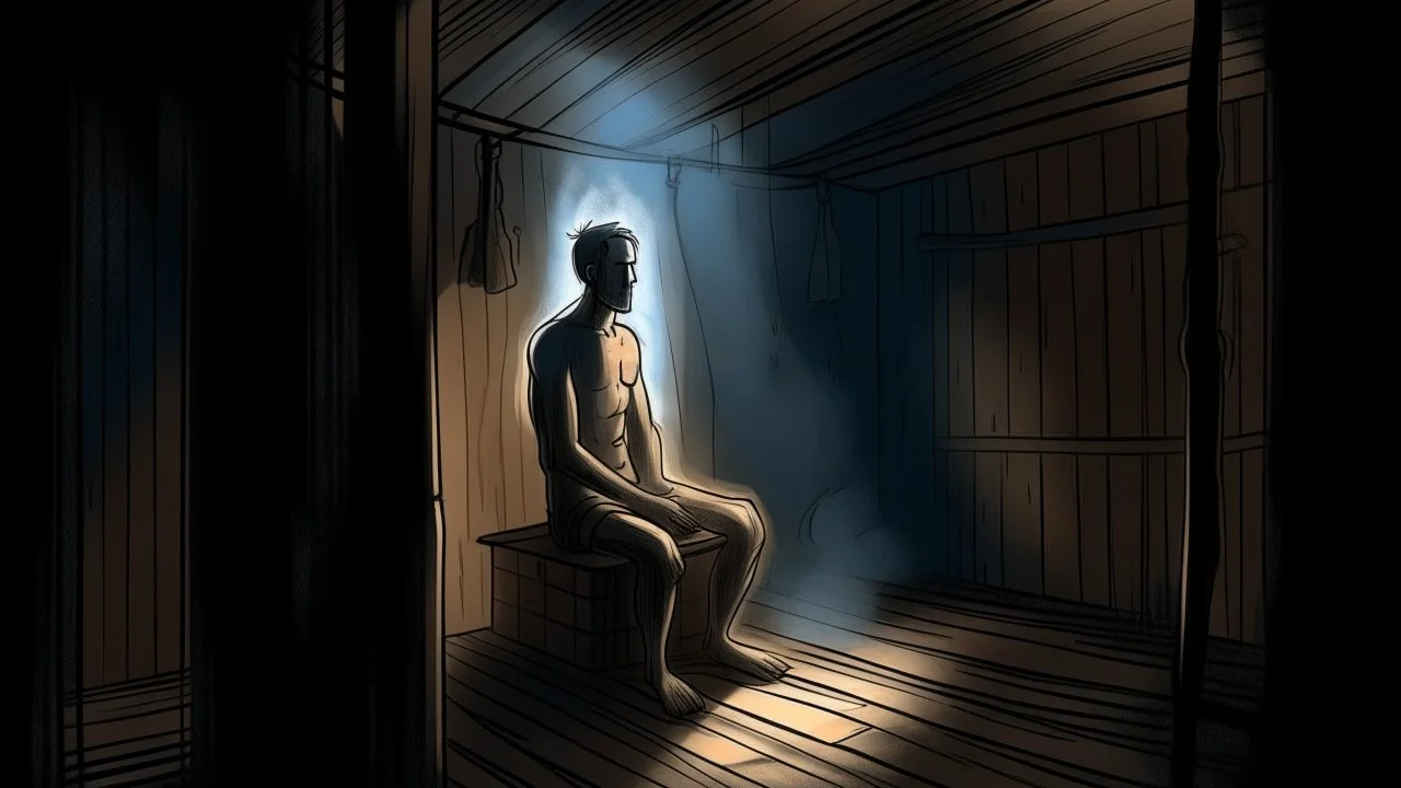 It shows Robert sitting in the corner of the sauna, trying to draw the curtain over the terrifying shadows that begin to float in the hot air. The lights in the sauna quickly begin to fade, replaced by dark colors that cast shadows on his worried face. Thoughts race through Robert's mind, as he begins to see terrifying visions manifesting themselves in the rising steam. He sees incomprehensible shadows moving in the corners of the sauna, leaving traces of panic and tension on his face. The hea