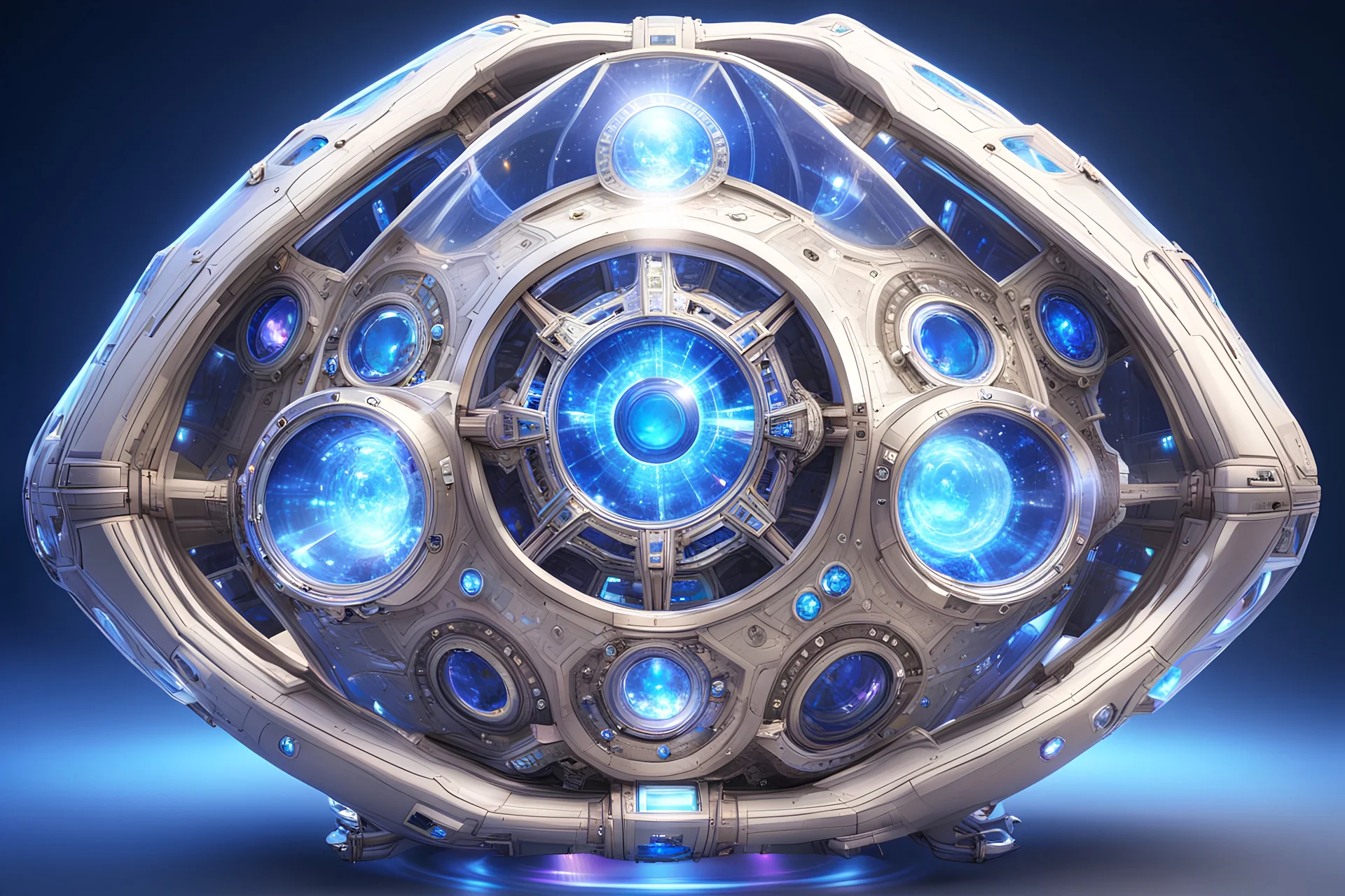 beautiful bright futuristic cosmic spaceship with crystal jewel windows and to the bottom magic bluebeam