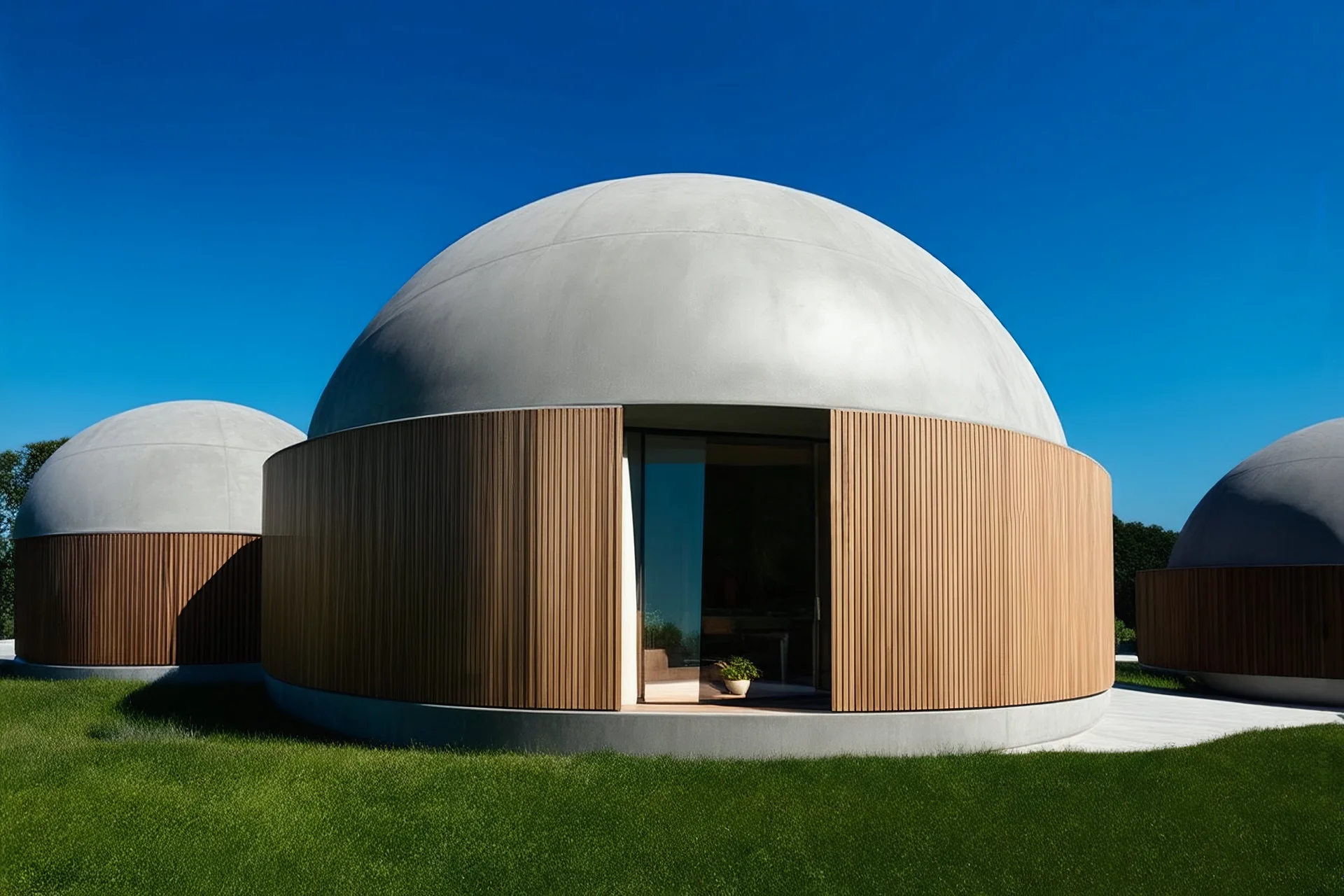 A sleek, minimalist dome home designed from monolithic concrete, where the main dome has a metallic finish and the smaller domes have wood-clad exteriors. The combination of materials creates a futuristic yet inviting aesthetic.