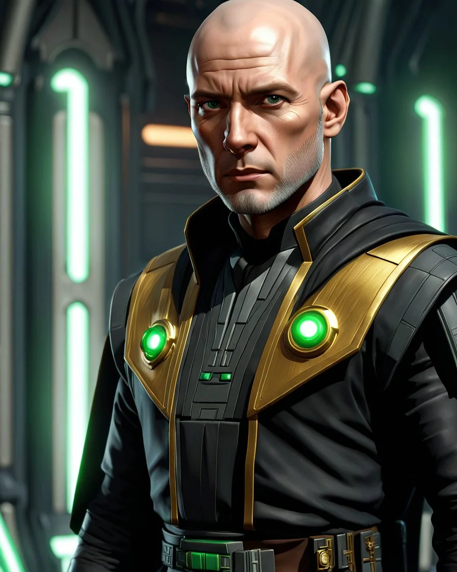 star wars bald male corellian jedi pilot wearing black and gunmetal grey old republic armored robes with gold trim inside the jedi temple holding a lightsaber with viridian green blade in left hand, centered head and shoulders portrait, hyperdetailed, dynamic lighting, hyperdetailed background, 8k resolution, volumetric lighting, light skin, fully symmetric details