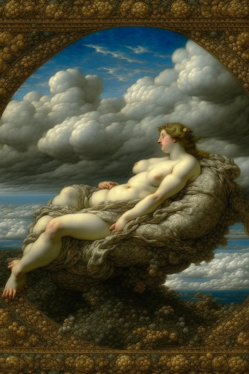 A silver colored sky with puffy clouds designed in ancient Greek mosaics painted by Gustave Courbet