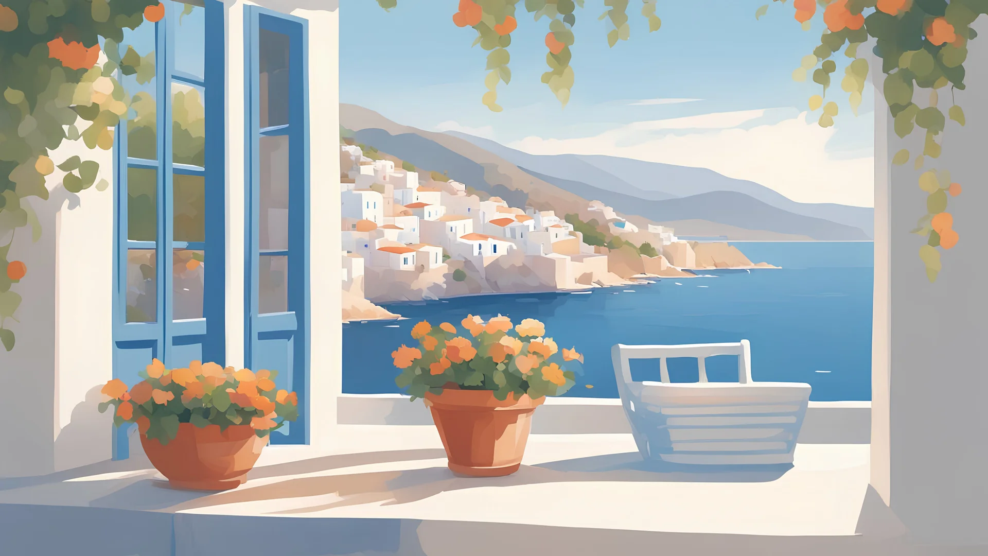 a painting of looking out from a window onto the sparkling Aegean Sea. Paint the view—white-washed buildings against a backdrop of blue water. Include window shutters, flowerpots, and glimpses of neighboring houses, in style of greek mediterranean lifestyle concept :: summer holidays, greek contryside, Greece:: a storybook illustration by James Gilleard, accurate details, behance contest winner, 2d game art, storybook illustration, rich color palette