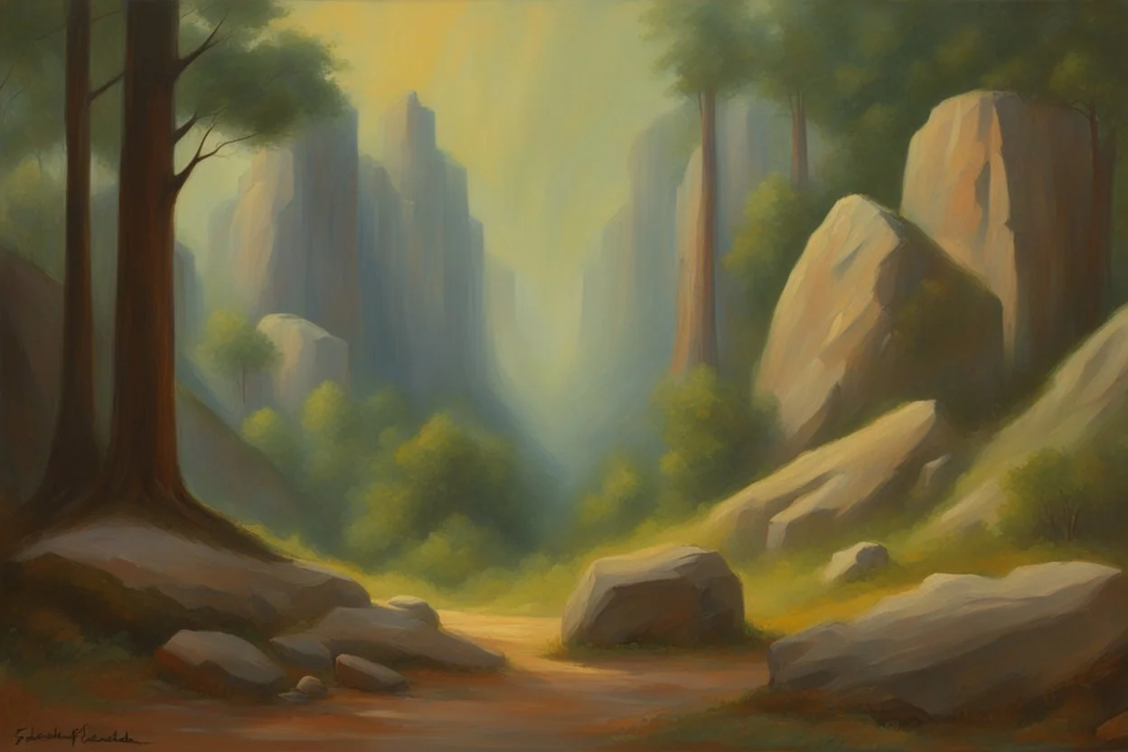 Rocks, trees, 2000's sci-fi movies influence, fantasy, friedrich eckenfelder impressionism painting