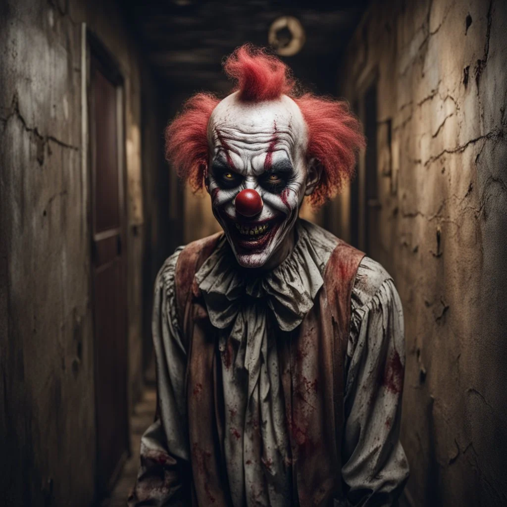 Hyper Realistic Zombie clown creepily smiling in dark hallway with a pentagram on a rustic wall