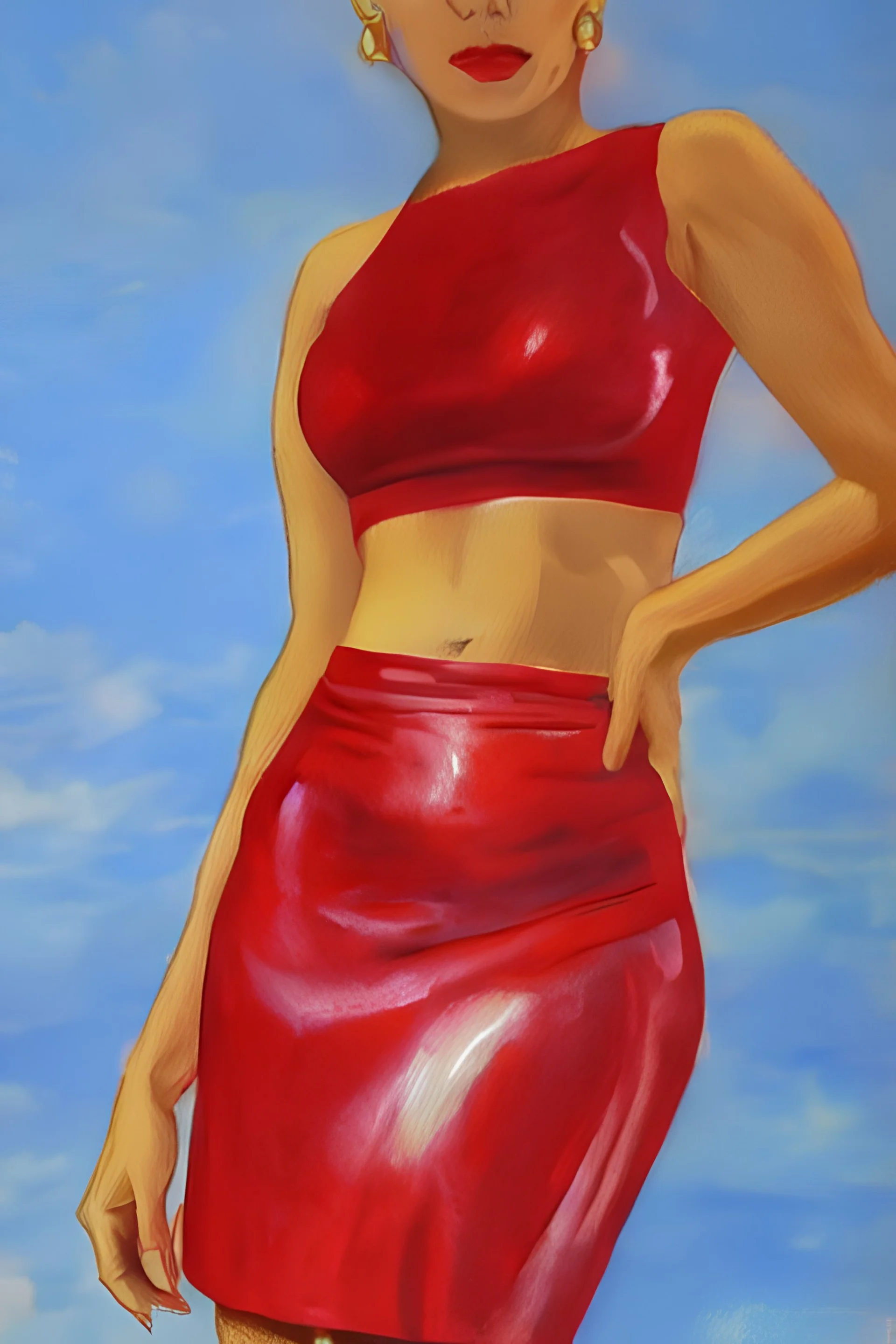 Woman in red cropped top, bare midriff and skin-tight red leather miniskirt painting Saturno Buttò