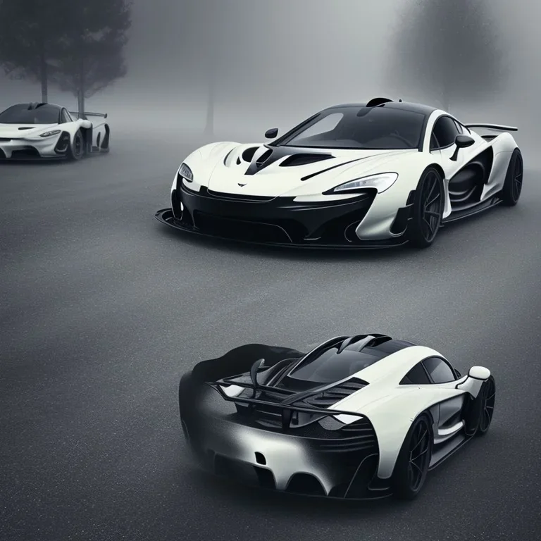 a white Mclaren P1 in heavy fog