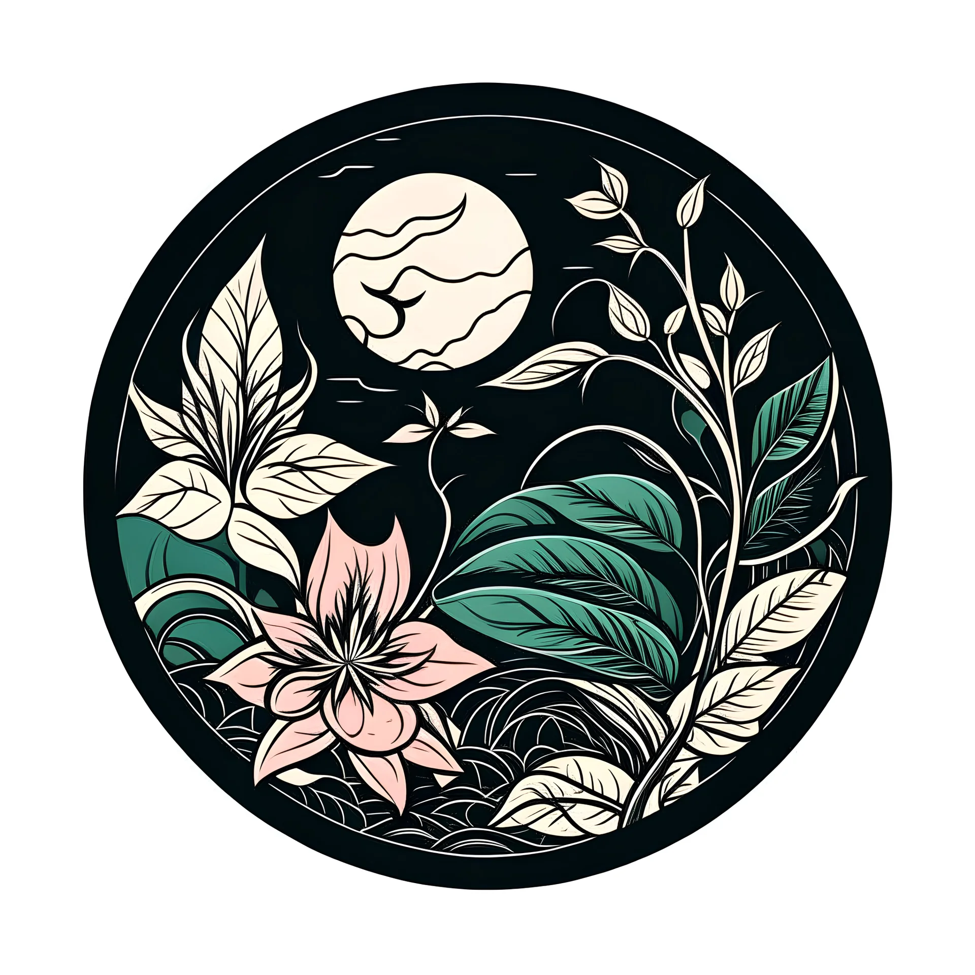 Logo. Japanese style. Round. The logo depicts a mystical botanical motive.