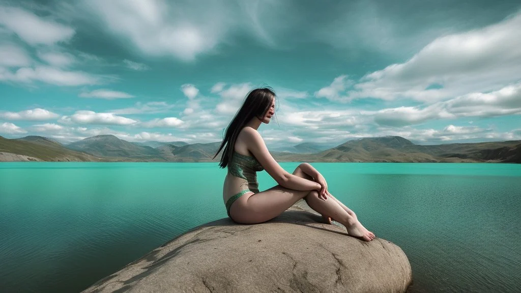 woman sitting on a rock, in a lake, green mottled skin, green hair, blue sky, white clouds