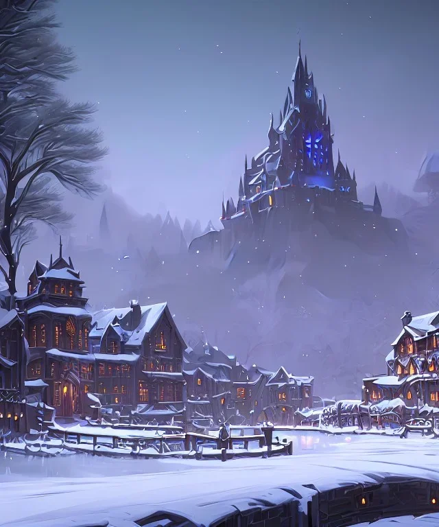 A magical snowy warlock castle with river canals and large Christmas tree