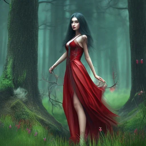 Girl by behind with black hair wearing long red dress in a magic forest, fantasy style, surrealism, 8k