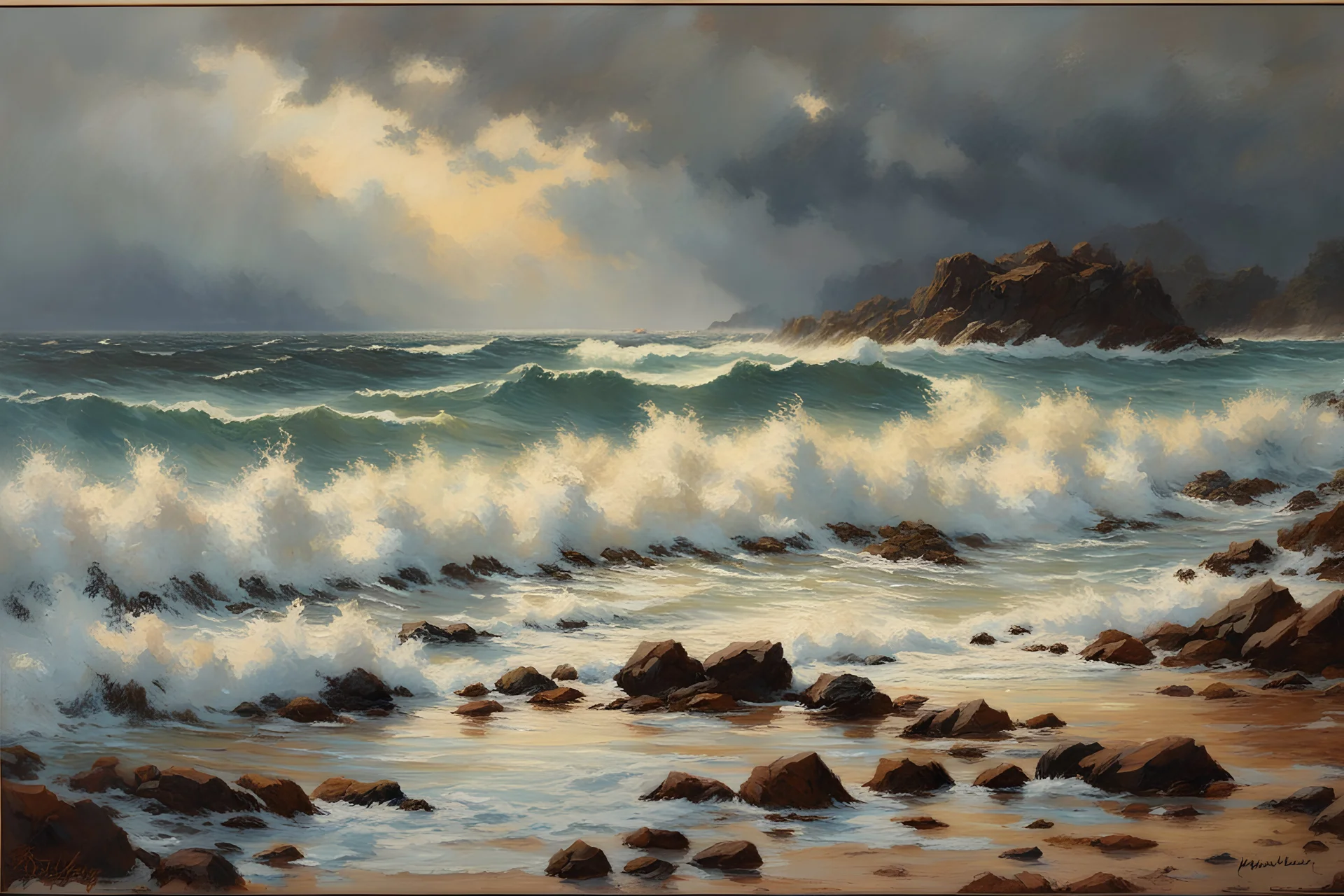 Howard Terpning oil painting tufting tapestry stormy sea shores