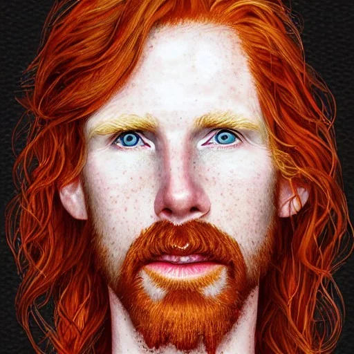 Portrait of young Courtney Gains as a ruggedly handsome, joyful, roguish pirate, charismatic, attractive male, masculine, perfect, precisely detailed clear eyes, unblemished, flawless skin, softly freckled face; meticulously detailed multi-hued ginger carrot-colored cherry fire red hair; fantasy, intricate, elegant, highly detailed, digital painting, concept art, matte, sharp focus, illustration, art by artgerm and greg rutkowski and alphonse mucha