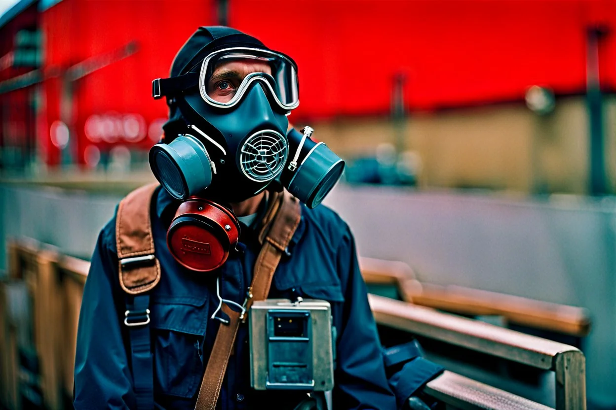 close up documentary photography, Calgary, Respirator, scientist, young man, Dystopian, draught, Hyper detailed, realistic, Extreme depth of field, bokeh blur, Alberta, all-natural, in the style of candid, Captured on lustrous Kodak Vision3 Color Negative Film 500T 5219, 2030