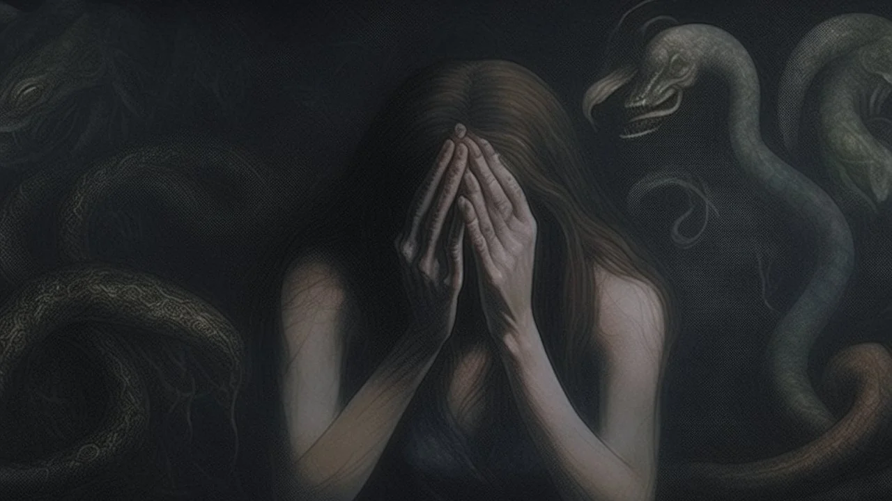 A woman with medium skin tone , appearing to be in her 20s , is shown with her hands covering her face, expressing a sense of distress or contemplation . Her hair is dark and flows around her. The background is dark and abstract , featuring faint images of a serpent and a stylized face , creating a mysterious atmosphere