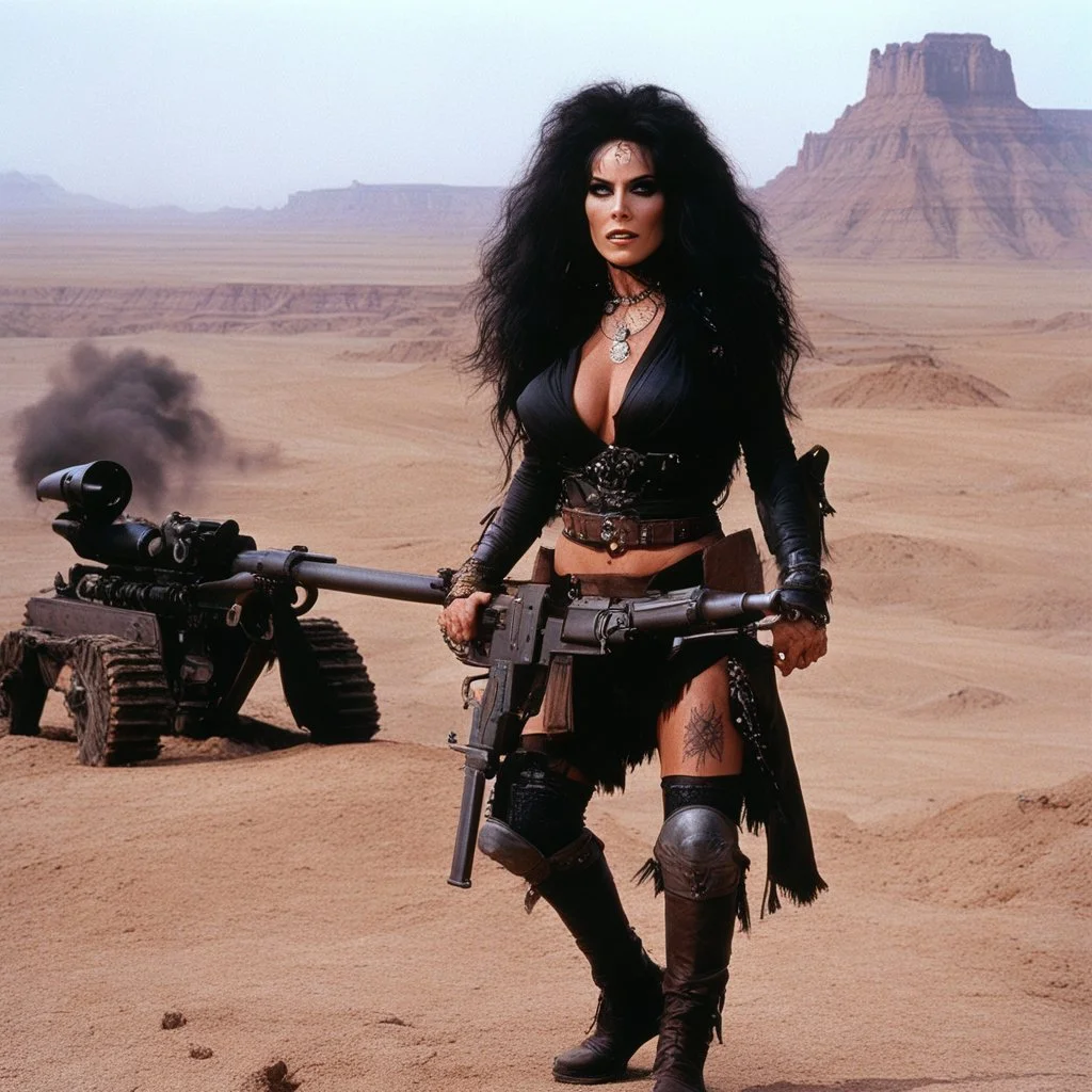 tattooed Julie Strain in action, standing on a dusty hill in the badlands - Heavy Metal F.A.K.K.2 her machine-gun in hand (shot from The Dark Crystal, 1982 dark fantasy film directed by Jim Henson and Frank Oz)