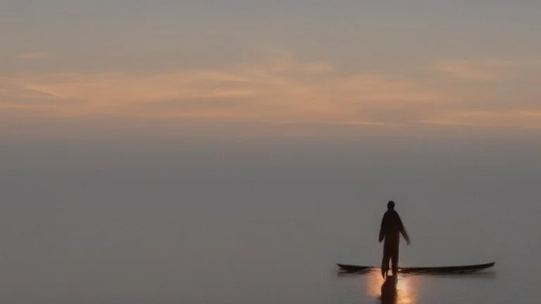 evening calm atmosphere, lake + moon, figure of a horse rider on the horizon