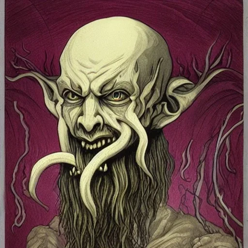 Picture of Cthulhu with white skin and a beard made of fleshy tentacles as a Russian Orthodox nosferatu with yellow eyes and vampire fangs and quills on the head